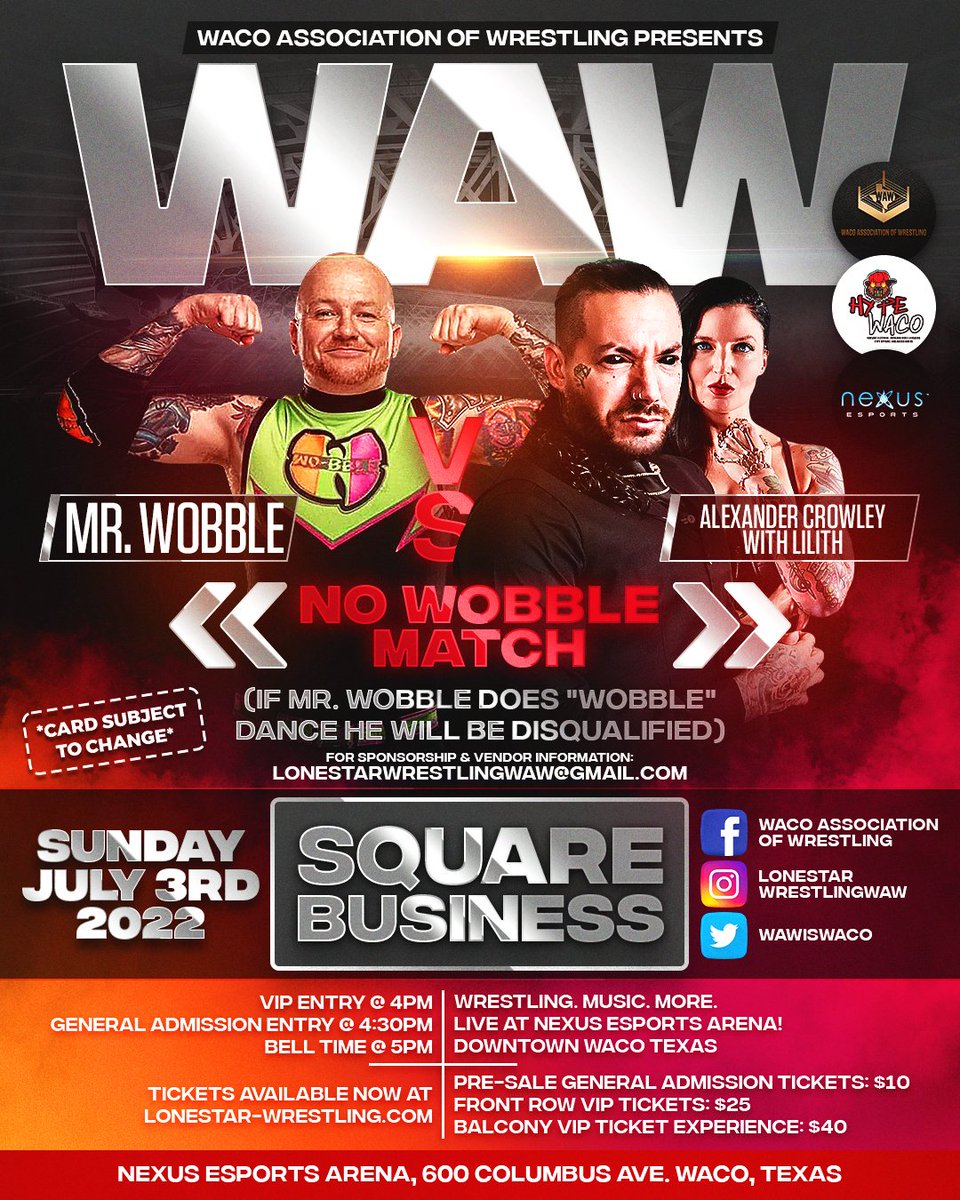 WAWIsWaco's tweet photo. Don't miss WAW Square Business & this match will be crazy! @acrowleyy_ Vs @jaystong ποΈ https://t.co/9DYjeUC6kg #NoWobble #WAW #Waco #Texas #IndieWrestling #TexasWrestling https://t.co/9t949B8cPc