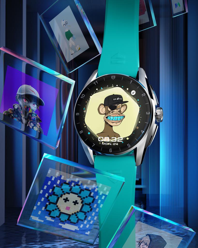 So excited I can now display my NFTs on my TAG Heuer Connected with the new Lens Watchface !
Here with a set of my personal collection. <a href="/BoredApeYC/">Bored Ape Yacht Club 🍌</a> <a href="/RTFKT/">RTFKT</a> <a href="/InvsbleFriends/">Invisible Friends</a> <a href="/AzukiOfficial/">Azuki</a> <a href="/gmoneyNFT/">gmoney.eth</a>
