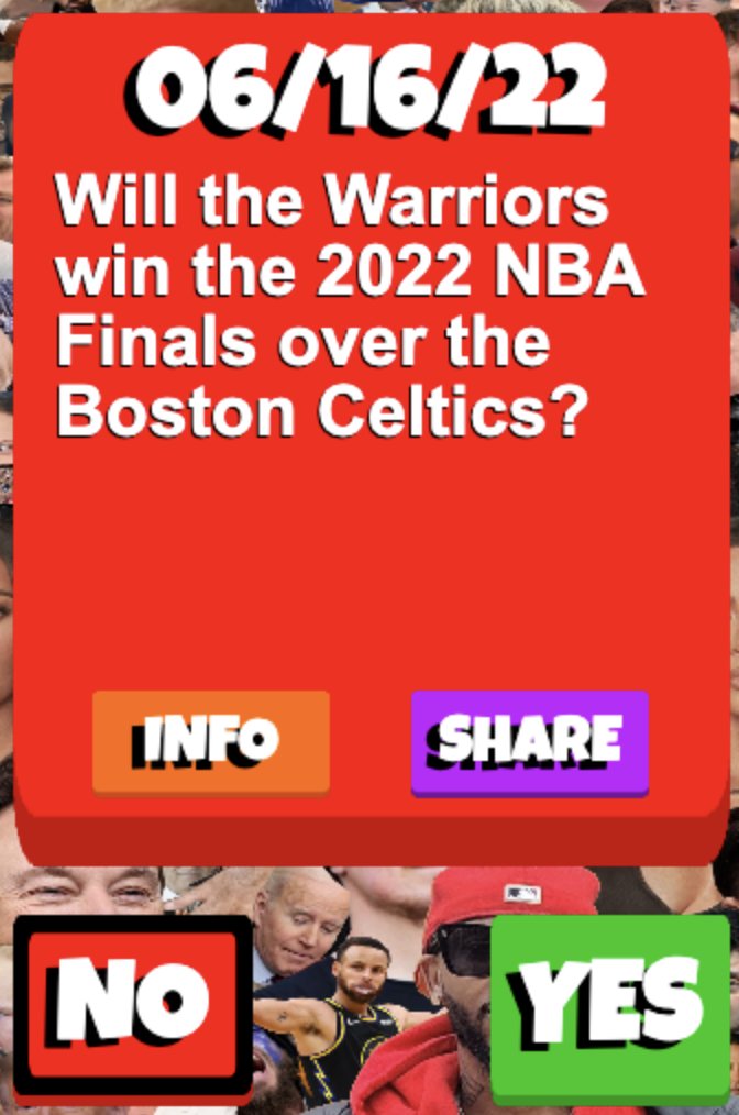 disdatdaily's tweet photo. Are the Warriors gonna win it all tonight? That's the daily question in #disdat, the Wordle-inspired prediction game.
We picked "NO" because the developer @emojipopguy is a Celtics fan..
You can pick today to win tomorrow at https://t.co/2KJqsyIUjG  play before the game blows up! https://t.co/tJHIhoYwQg