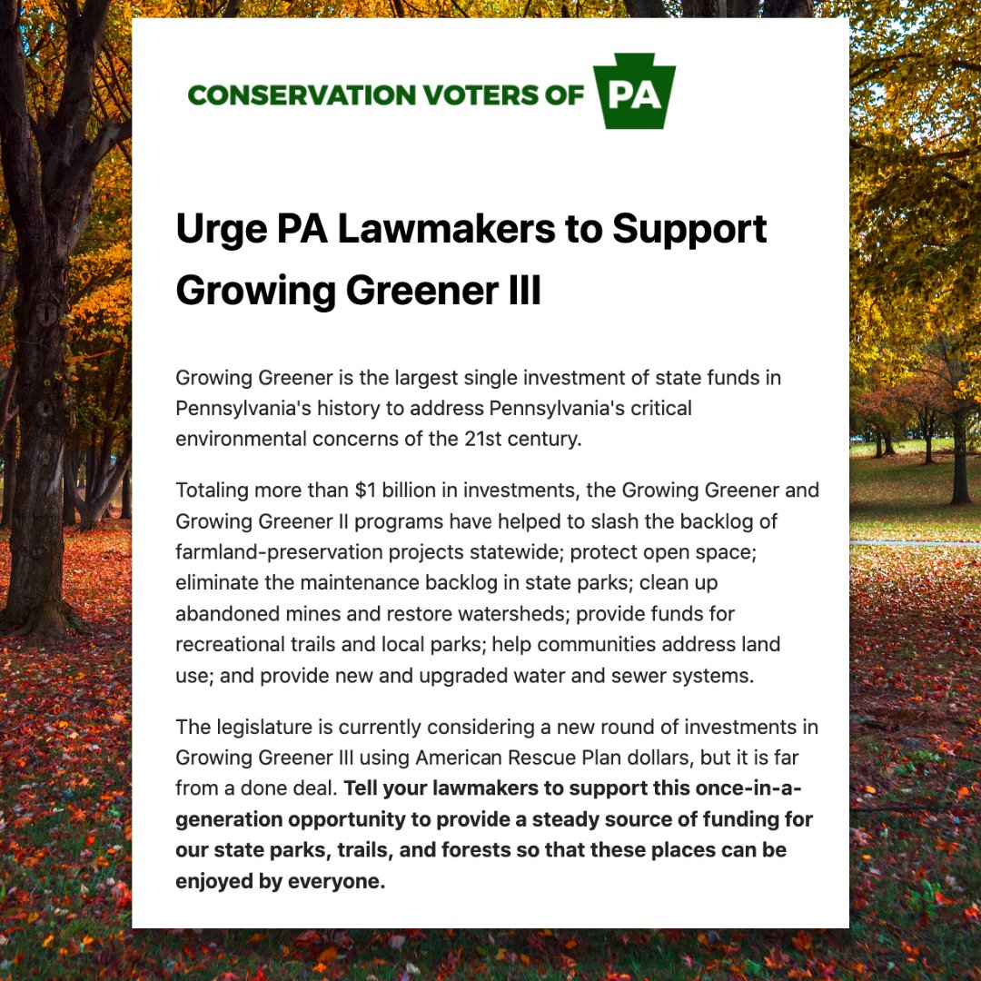 ConservationPA's tweet photo. Tell your lawmakers to support a once-in-a-generation opportunity to provide a steady source of funding for our state parks, trails, and forests so that these places can be enjoyed by everyone. https://t.co/hnUrCbrlwo #KeepPAGrowingGreener https://t.co/mcKOwYvIpa