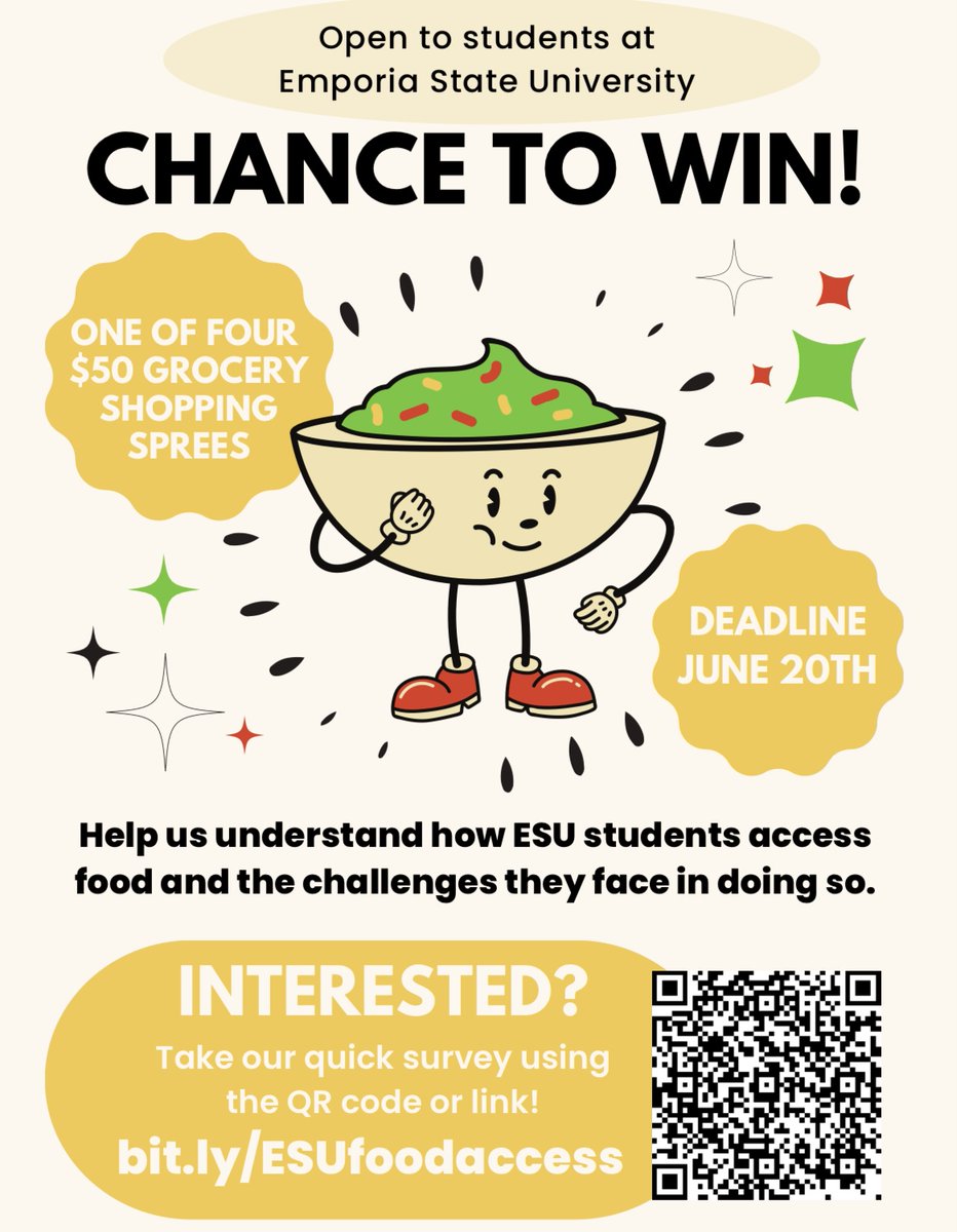 ESUHonors's tweet photo. Hey Hornets- we want to hear from you! Share how you access food while at Emporia State and how you prefer to learn about campus resources by participating in a brief survey at https://t.co/mKrPyq7V7F. You will have a chance to win 1 of 4 $50 shopping sprees! https://t.co/FNoAKfFayI