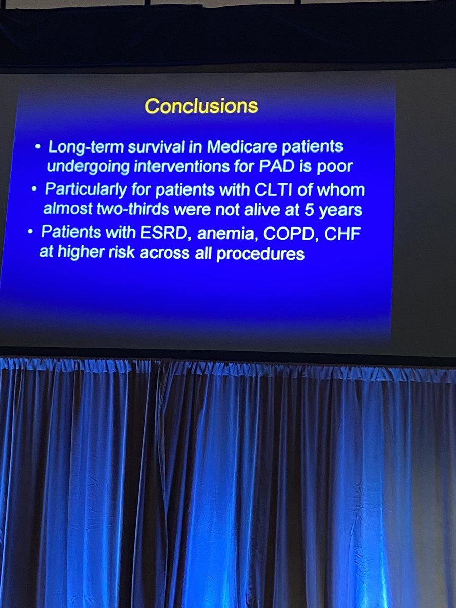 AeroMD's tweet photo. Next up Dr Siracuse discussing long term mortality in patients with PAD. 5 year mortality for patients with CLTI>70% and vulnerable population are those with ESRD, anemia, and CHF @VESurgery #VESS22 https://t.co/TJ20qJssGh