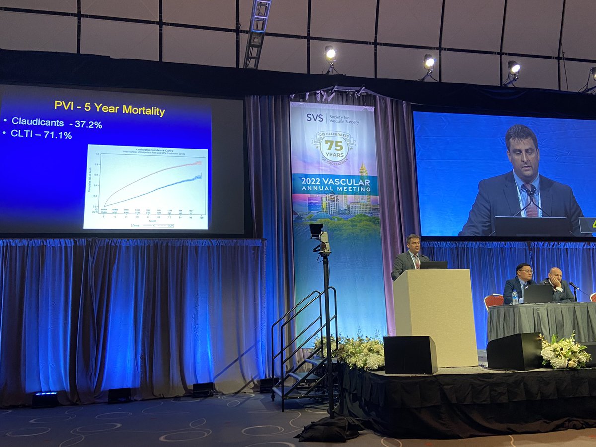 AeroMD's tweet photo. Next up Dr Siracuse discussing long term mortality in patients with PAD. 5 year mortality for patients with CLTI>70% and vulnerable population are those with ESRD, anemia, and CHF @VESurgery #VESS22 https://t.co/TJ20qJssGh