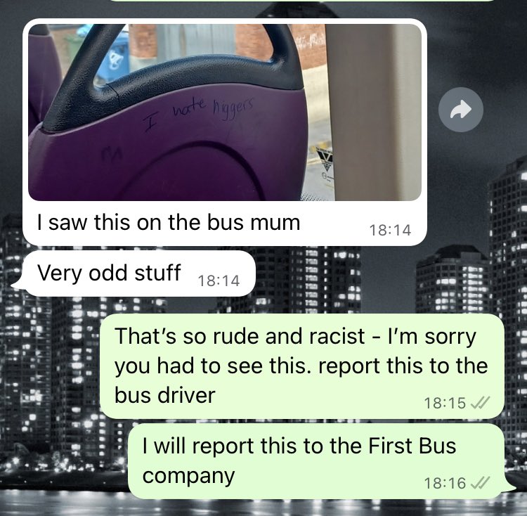 exbusherian's tweet photo. My 13 year old son has recently started to use the bus home to/from school and this is what he saw on the way home today … #racism #abuse @FirstBusnews https://t.co/j07PG7yIiB