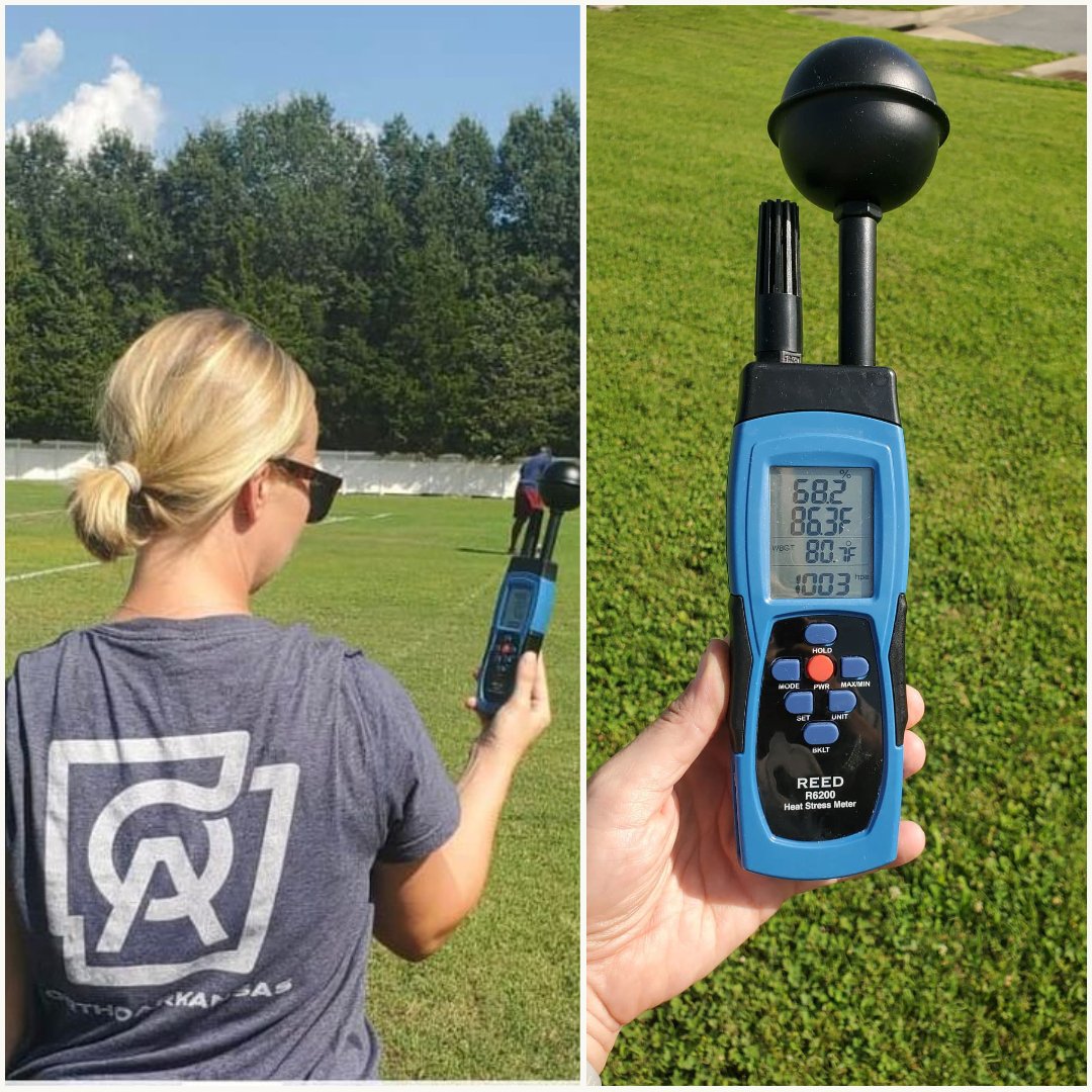 OrthoArkansas's tweet photo. It is HOT in #Arkansas today 😳☀️🔥  Our Team behind your Team of #athletictrainers monitors the weather by measuring the Wet Bulb Globe Temperature (WBGT), which allows them to provide guidance for safer practices to prevent heat illness. https://t.co/ueXskw6x1W

#orthoforall https://t.co/Tw2e1RHXlF