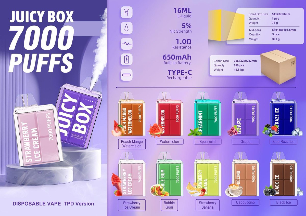 New Released💥
🧊7000 Puffs Ice Cube Juicy Box Disposable Vape
650mAh rechargeable battery
16ml oil capacity
7000puffs large e-juice pen
*Small one is compliant TPD version

More info pm me!
#juicevape #vapefly #cloudchasers #ecigarettes #ecig #vapelife #vapefam #vapecommunity