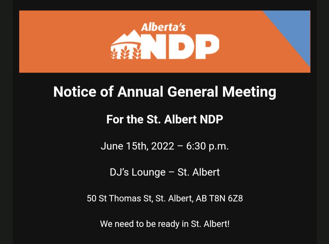 stalbertndp's tweet photo. *VENUE CHANGE* 

Just a heads up if you're planning to attend the AGM tonight the venue has been changed due to weather. https://t.co/6cDsK2G4Fh