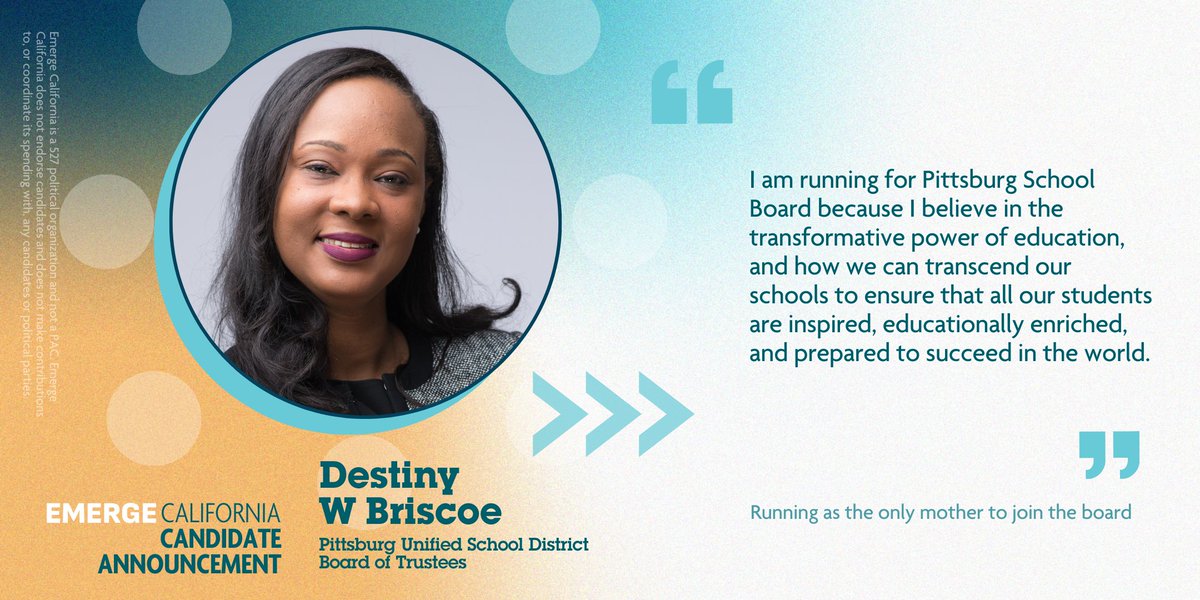 EmergeCA's tweet photo. 📣 #EmergeCA 2022 Candidate Announcements 📣
Congratulations to Class of 2020 Alum @DestinyWBriscoe, Class of 2021 Alum Kyra Mungia, and 2022 National Boot Camp Alum Fredrisha Dixon @Dixon4Inglewood. We can’t wait to follow your campaigns! https://t.co/XLM2am89WW