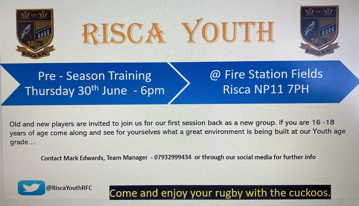 Risca Youth are back in training 30th June welcoming all players of all abilities 16-18 yrs of age! #cuckoos ⚫️🟡