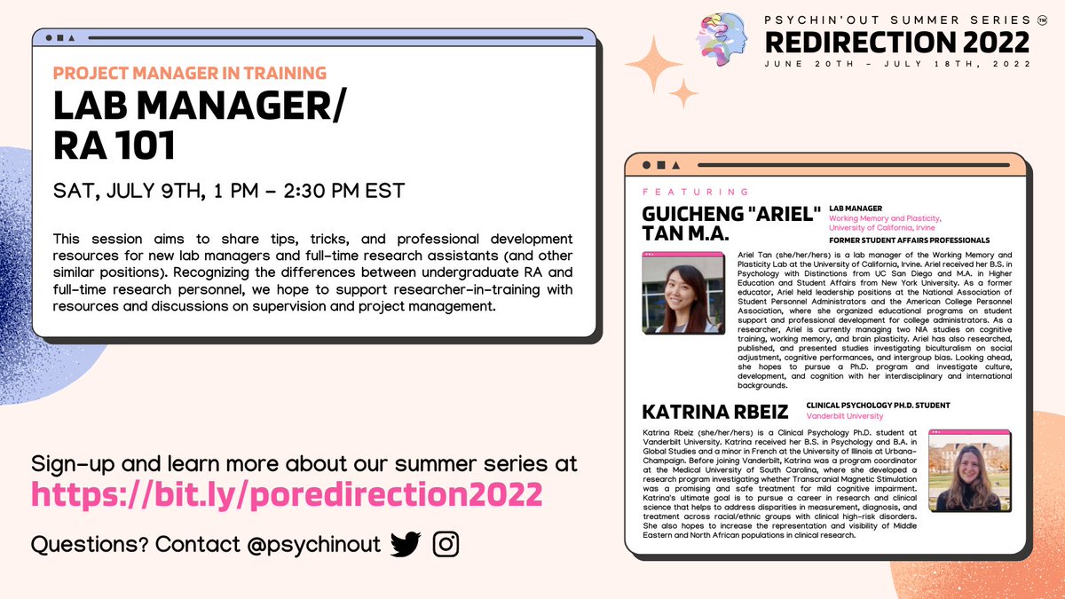 PsychinOut's tweet photo. The fourth session of the #POredirection2022 series is a space created for those new lab managers, research coordinators, or other similar researcher positions.
===
Sign-up π: https://t.co/fN9yQ4szyM https://t.co/aLzMnuj9dz