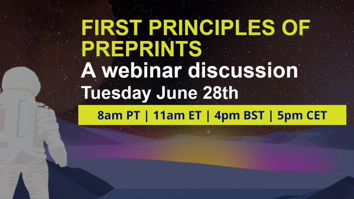 PLOS's tweet photo. We'll be hosting an online panel discussion on #preprints on Tuesday, June 28. Register at: https://t.co/6ohcQE5Hyg
Have a question about preprints that you’d like our panel to address? Post it in the replies or using the hashtag #FirstPrinciplesofPreprints! https://t.co/zi3pZyLBB1