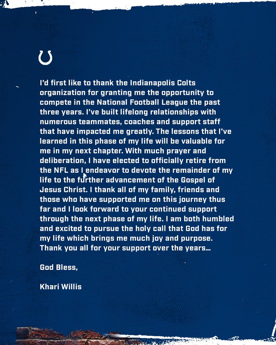 Colts's tweet photo. Best of luck in retirement, Khari! https://t.co/Ir1bJXKGZr