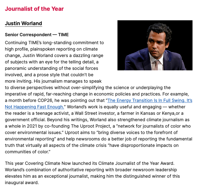 sampjacobs's tweet photo. Oh my! @Time's @JustinWorland wins the inaugural Climate Journalist of the Year awards from @CoveringClimate.

Cheers to Justin and @TeamTime.

https://t.co/sflR9nwMYo https://t.co/naudBGqNpk