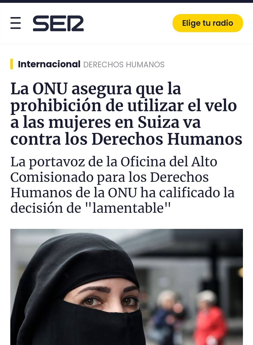 canete707's tweet photo. Que los cristianos prohíban el velo atenta contra los derechos humanos. Que los musulmanes impongan el velo es libertad.
Por cosas como estas la ONU debería irse un poco a la mierda. https://t.co/DfESwoj5ci