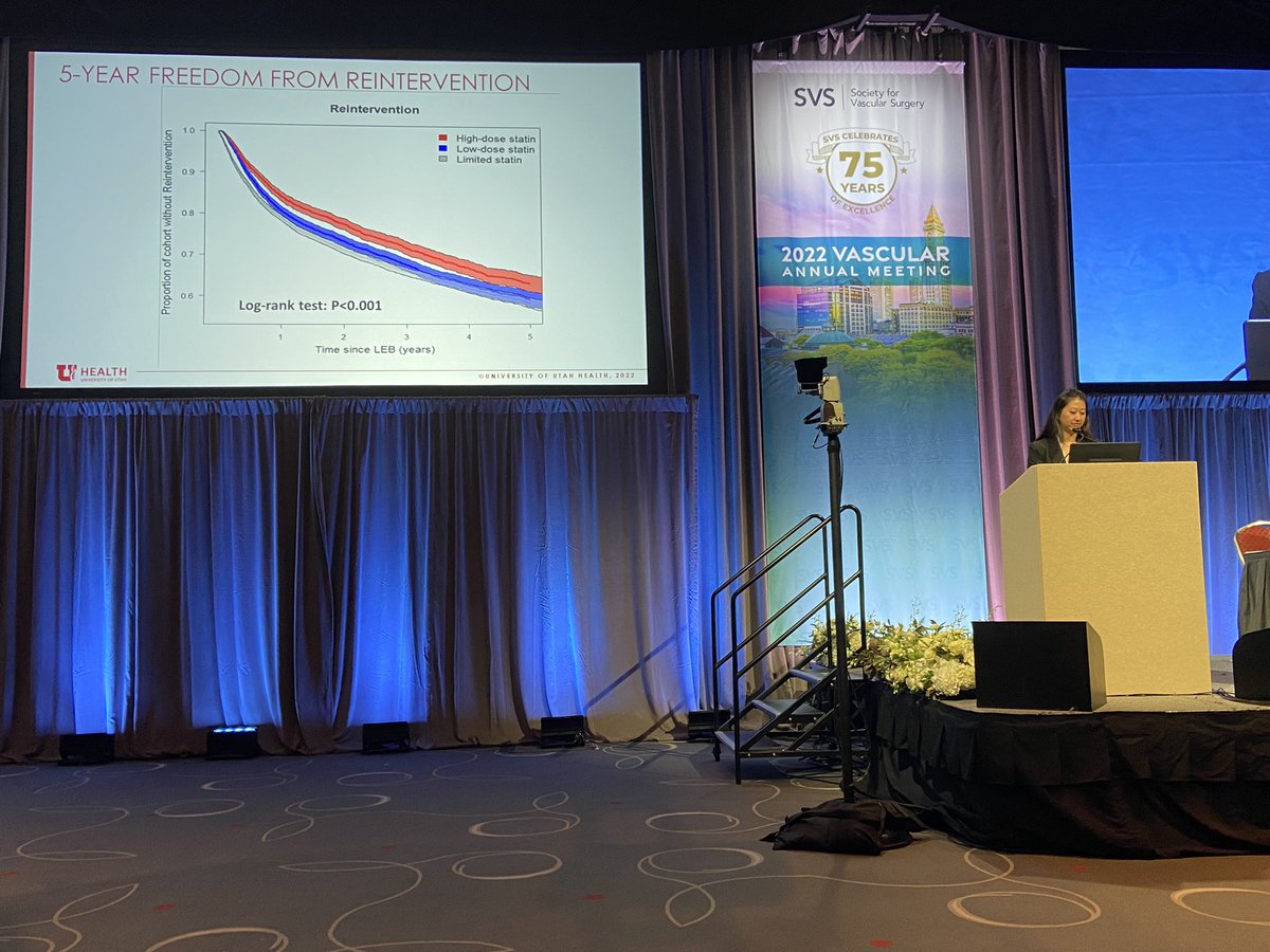 AeroMD's tweet photo. Now up at @VESurgery #VESS22: Dr He discusses patients with CLTI receiving surgical bypass receiving statin therapy at high-dose had lower 5 year major amputation and lower rate of 5 year reintervention. @VascularOnline @VascularSVS #VAM22 https://t.co/7p21zmYYRl