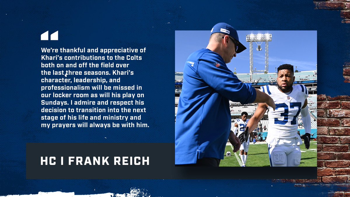 Colts's tweet photo. “Khari’s character, leadership, and professionalism will be missed in our locker room, as will his play on Sundays.” https://t.co/Hm6wlR46vu