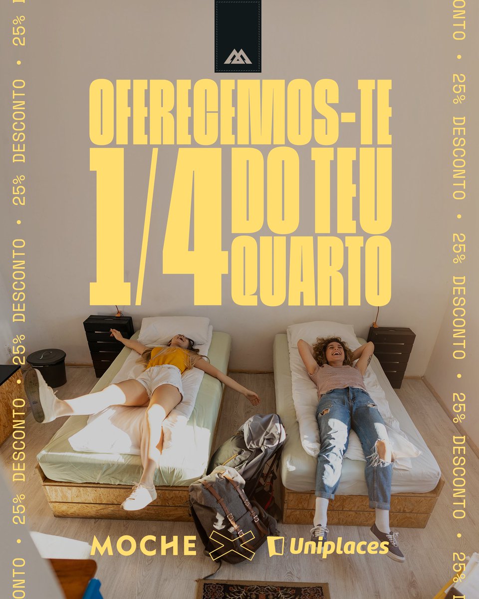 Queres encontrar o teu quarto por menos 1/4? 🛏️ Agora basta teres um tarifário MOCHE para conseguires 25% de desconto na <a href="/Uniplaces/">Uniplaces</a> e encontrares o spot dos teus sonhos. 🏠 Sabe como em no.moche.pt/collabs
