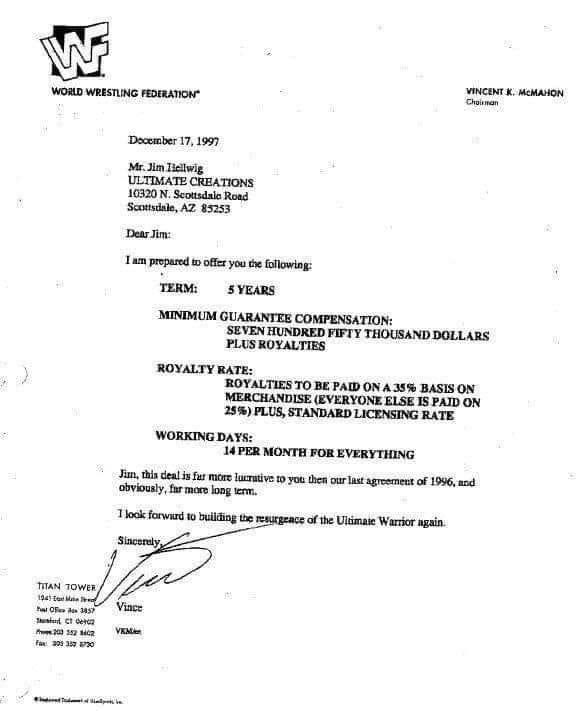 WrestlingNewsCo's tweet photo. Vince McMahon’s contract offer to The Ultimate Warrior from December 1997. This was a 5 year deal which means that Warrior would have been part of The Attitude Era. https://t.co/yoMjNztFzl
