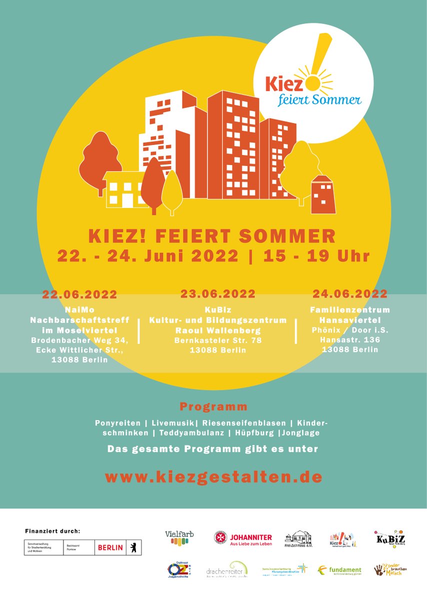 Kiez! Feiert Sommer 2022
von 22.06.22 bis 24.06.22, jeweils 15 – 19 Uhr mit  u.a Mikroskopieren von Wasserflöhen, Jonglageworkshop, Hüpfburg, Kinderschminken, Upcycling Angebote, Schnitzen, Keramik, Bogenschießen, Seifenblasen
#mitmachen
#entdecken
#kiezfeiertsommer22