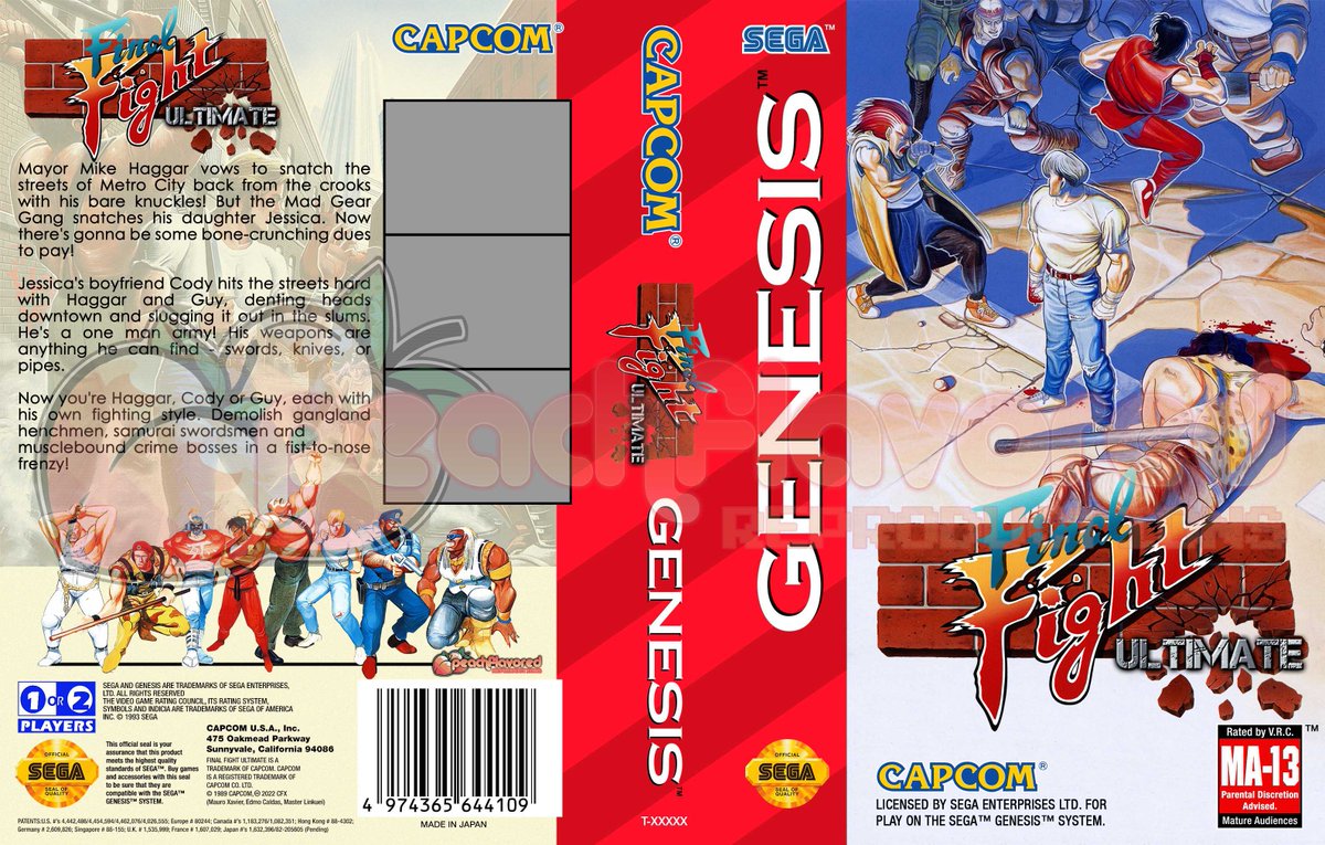 peachflavor3d's tweet photo. *WIP* Here's the #SegaGenesis cover for #FinalFightUltimate and a revised PAL cover for the #MegaDrive (I dropped the custom one in favor of a more traditional approach). Added the "Ultimate" to the logo. Should I do a PAL Blue variant? https://t.co/TeFM0VMzW4