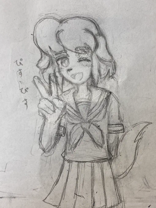 いつもの下書きメイキングと小話〜

下書きだとぴすぴす言ってます

(2枚目)
この時点で完成のつもりでしたが右手の二の腕と指が長すぎたので短く修正。髪のボリュームと耳も調整し直しました。あと背景が寂しかったので学校の教室に

前回(3枚目)よりスラっとさせて
よりJKっぽくしました 