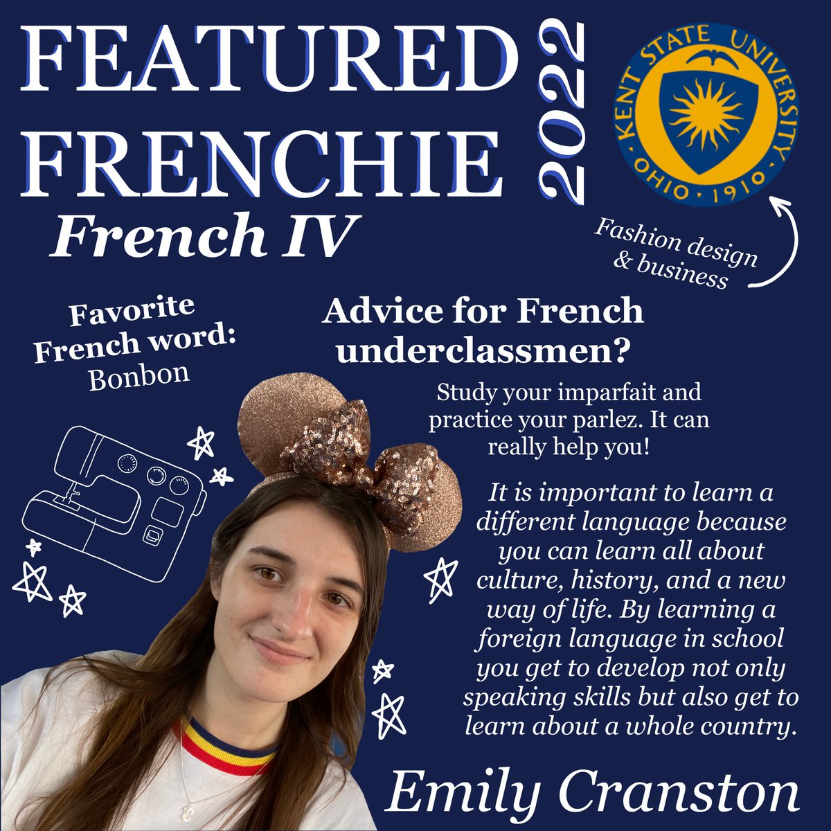 Briggs_Colls's tweet photo. ✨✨Featured Frenchie ✨✨ Félicitations to Emily! She is one of the most creative and hardworking students to ever sit in 214. Our school will not be the same with Emily and her positive demeanor 💙💛🇫🇷 @Colls_HS  @collscounseling https://t.co/U1J9QwpUPp