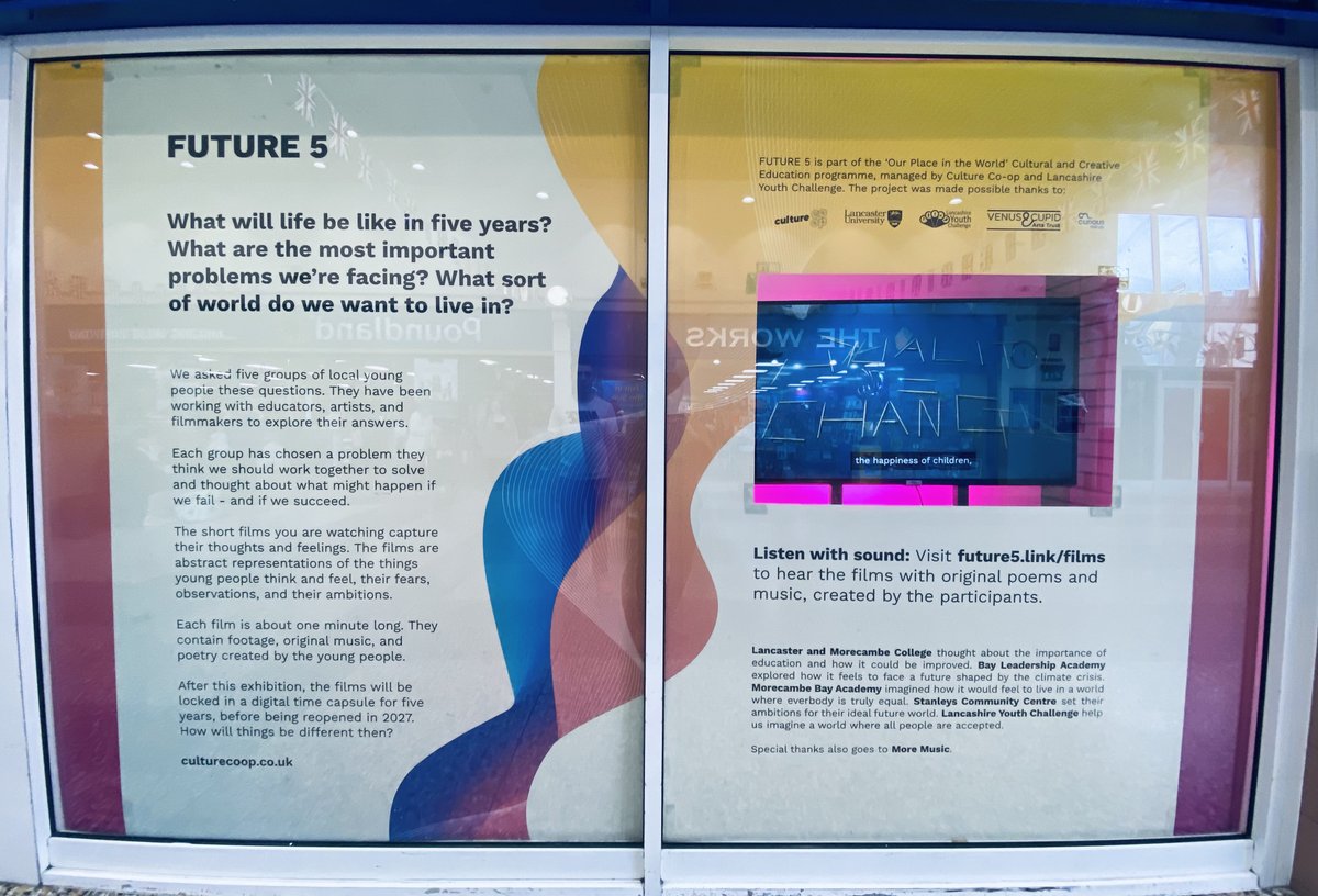 DATE EXTENDED TO 21st JUNE 2022 Future5 exhibition @arndaleshopping Over the last few months 5 groups of #YoungPeople have come together to explore what the world will look like in 5 years, via 1 min films. Find out more: bit.ly/3NIUIWc #SocialChange #Art #Film