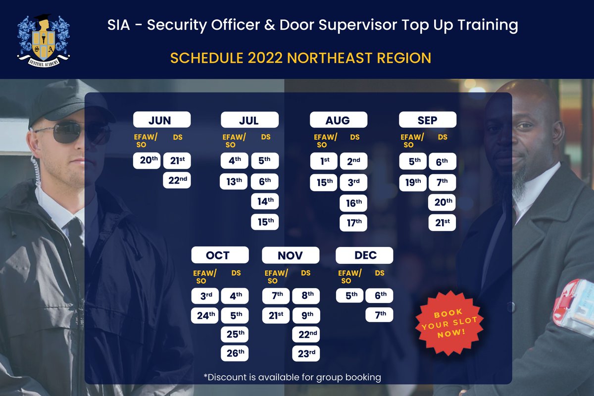 sentinelacad3my's tweet photo. Sentinel Academy brings amazing discounts for you all, bring your fellows and avail this golden opportunity.

Don’t miss this chance and book your slots now. https://t.co/UpoAOXy4zn

#securityofficer #doorsupervisor #siatrainings #getoffer https://t.co/FHZxmIXWQ4