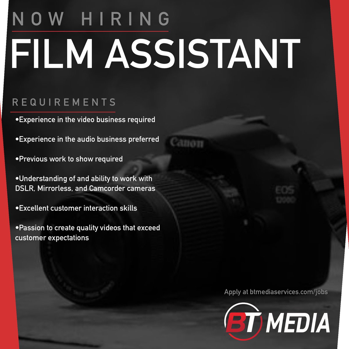 BTMediaServices's tweet photo. Want to join our team? We’re hiring! 
Do you have film experience and want to work in the industry? Then our film assistant job is for you! 

Find more info and apply at https://t.co/D0wl18COcj

#btmedia #fenton #michigan #videography #promo #videocreation #marketing #production https://t.co/DEeCGhTp6S