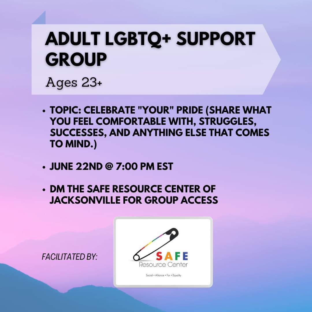 jax_safe's tweet photo. Join our hybrid support group for LGBTQIA+ adults, happening on June 22nd at 7:00 P.M. This meeting will have an online Zoom option and in-person option. ♥️✨🏳️‍🌈

#lgbt #Pride #pride🌈 #lgbtqia #loveislove #supportgroup #nonprofit #affirming #safe #saferesourcecenterofjacksonville https://t.co/rWqIBzqKNt