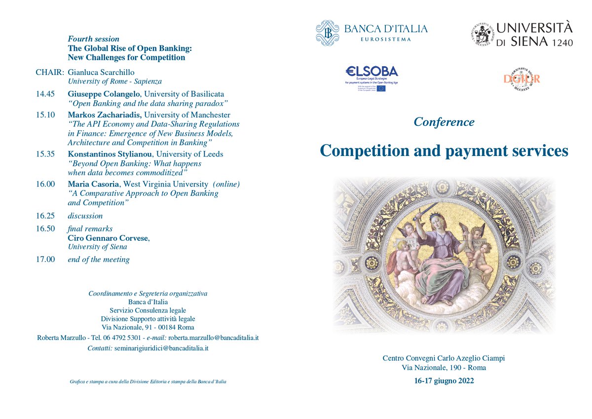 The Conference "Competition and payment services", organized by the Bank of Italy, will take place in Rome on June 16-17, 2022. Further details and registration at elsoba.unisi.it
#Elsoba #OpenBanking #PaymentServices #Competition