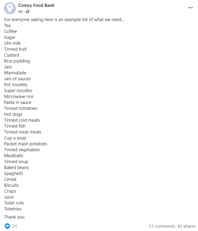 .@ConwyFoodBank say they've never seen their shelves this empty. Their emergency funds are becoming depleted. They urgently need new stock plus any carrier bags you can spare

Donations can be left at Colwyn Bay Morrisons anytime or at the foodbank on Rhiw Road weekdays 10am-2pm