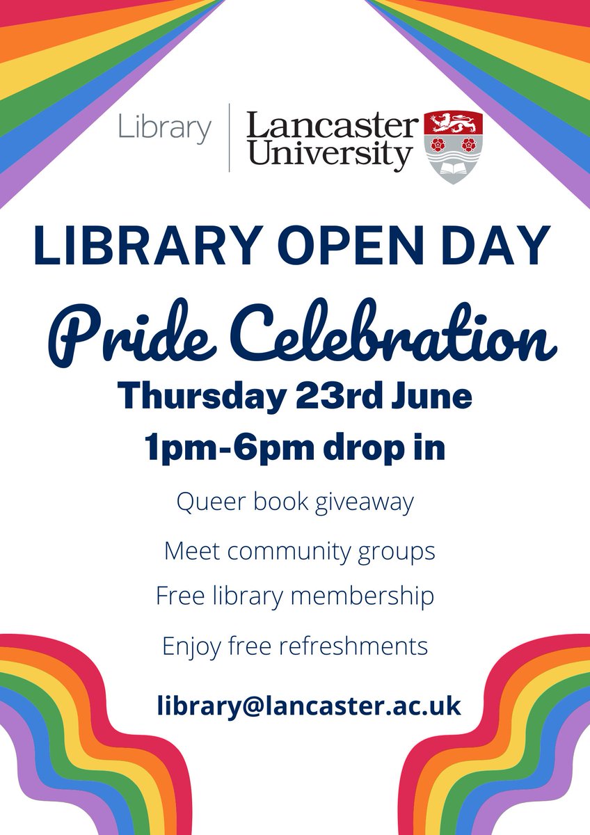 Lancaster Uni Help (@lancaster_help) on Twitter photo Looking forward to a great day of events for #PrideMonth2022 <a href="/LancasterUniLib/">Lancaster University Library</a> Open Day #LoveLancaster 🏳️🌈
🗓️Thursday 23 June
🕚1 - 6pm
📍Lancaster University Library
📧library@lancaster.ac.uk Looking forward to a great day of events for #PrideMonth2022 <a href="/LancasterUniLib/">Lancaster University Library</a> Open Day #LoveLancaster 🏳️🌈
🗓️Thursday 23 June
🕚1 - 6pm
📍Lancaster University Library
📧library@lancaster.ac.uk