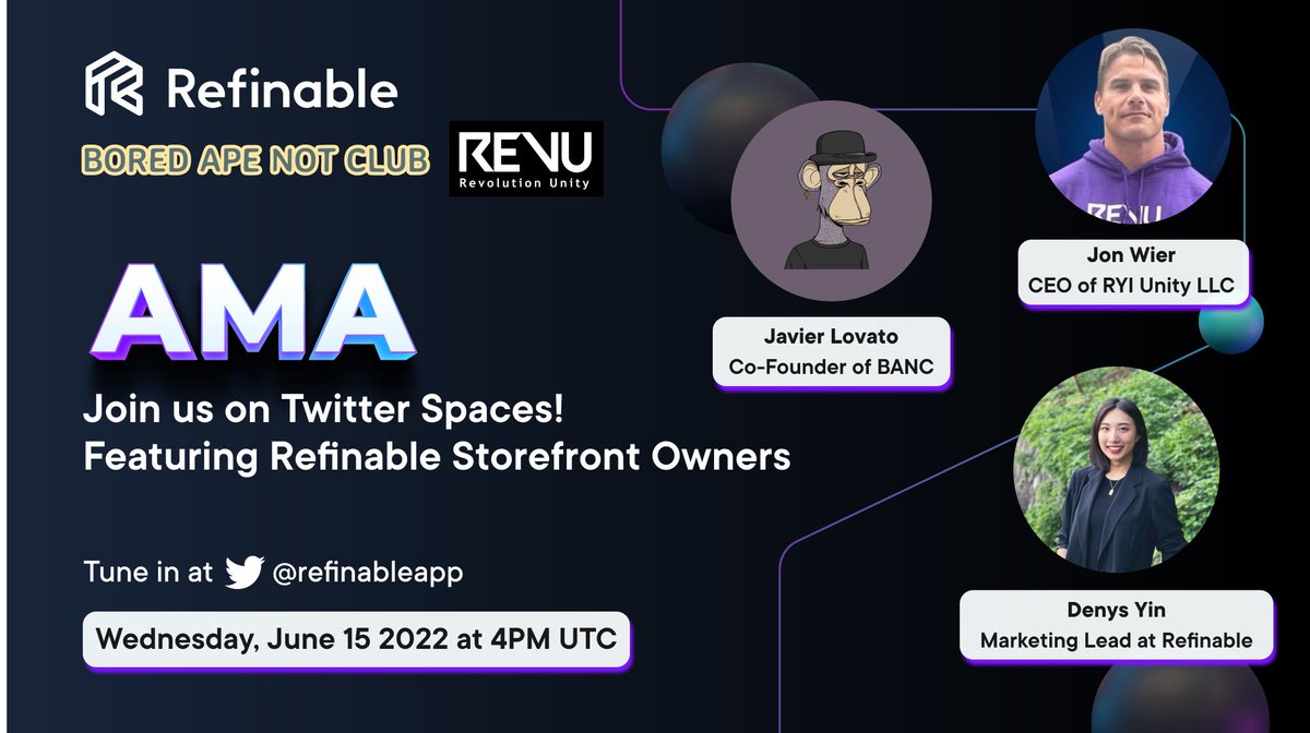 DEFIDASH_'s tweet image. 🚨AMA with CEO of RYI Unity #unityrevolution
 @JohnnyLaw31_   with the @refinableapp Team
  
Discussing #RefinableStorefronts and advice for creators in the #Web3 space. 🚀

Today 4PM UTC: 


#NFTCommunity #BSC #NFT @ParadoxRealms @phoenixblockchn