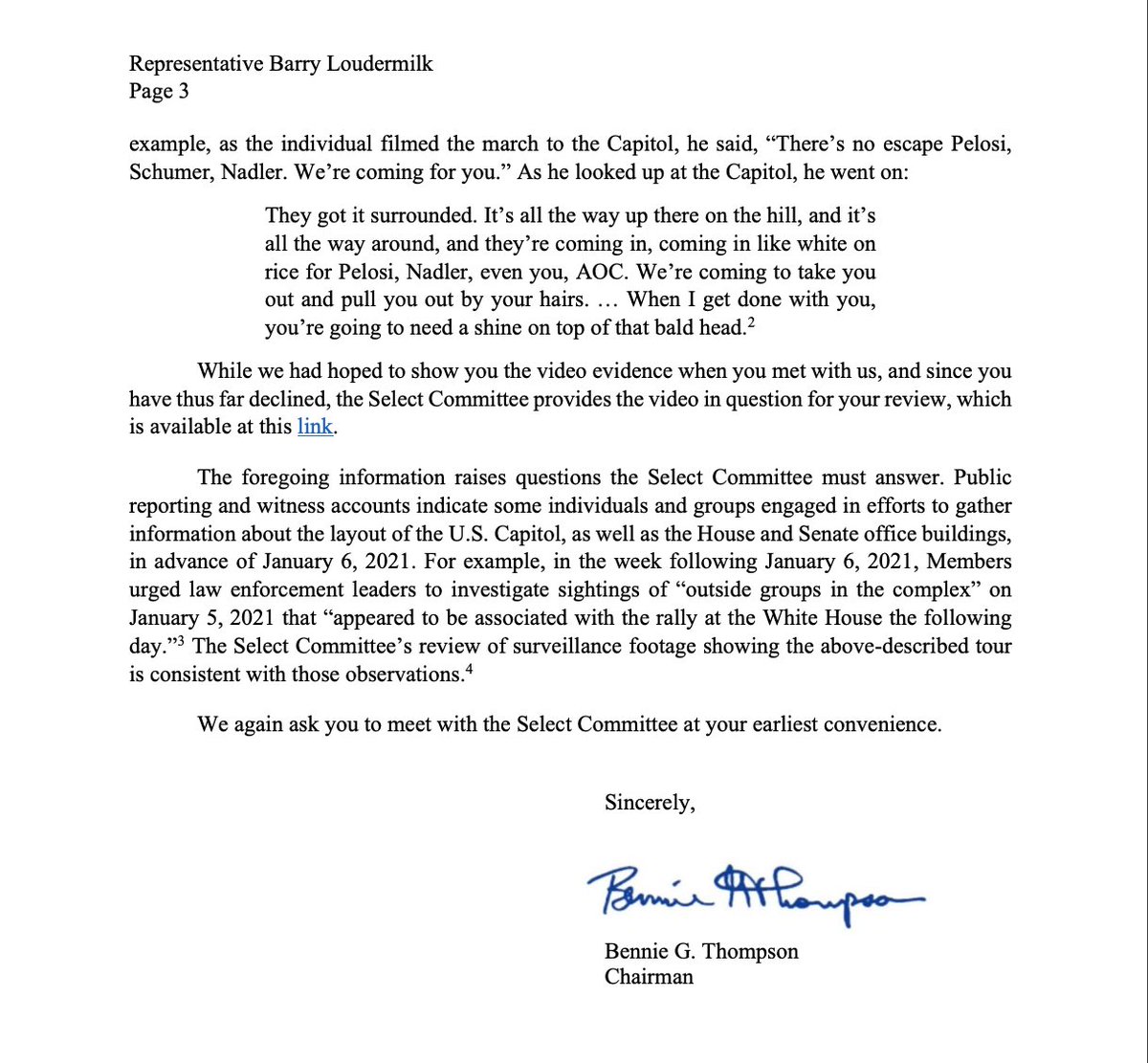 JakeSherman's tweet image. NEWS: @January6thCmte ahs sent a letter to @RepLoudermilk about what we broke in @PunchbowlNews this AM

The committee says that one of the people he gave a tour to threatened @SpeakerPelosi, @RepJerryNadler, @AOC, @SenSchumer 

Video here bit.ly/3Ho4rPy