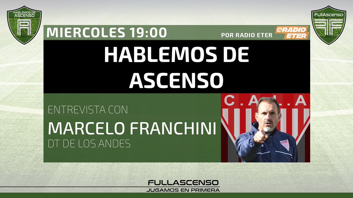 🚨HOY #HABLEMOSDEASCENSO🚨

Desde las 19 prendete a un nuevo programa con todo el staff de #FullAscenso⚽️

🗣️Entrevista con Marcelo Franchino, DT de <a href="/clublosandes/">Club Los Andes</a> 🔴⚪️

 👉Link: fullascenso.com/vivo/