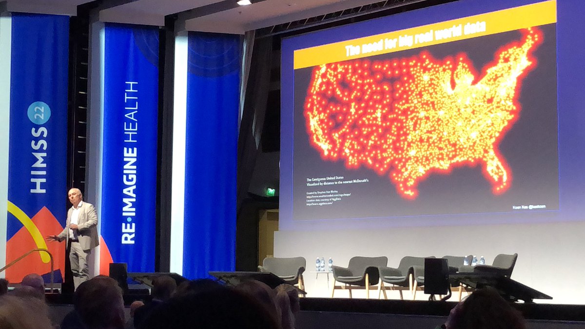 DeeOptimal's tweet photo. Every light is a location of a McDonald! This is the data points we need to really educate the patient on the best diet instead of just saying Mediterranean diet is the best. - Koen Kas #HIMSS22Europe #technology #behavioralscience #keynote https://t.co/D5xtTMeokT