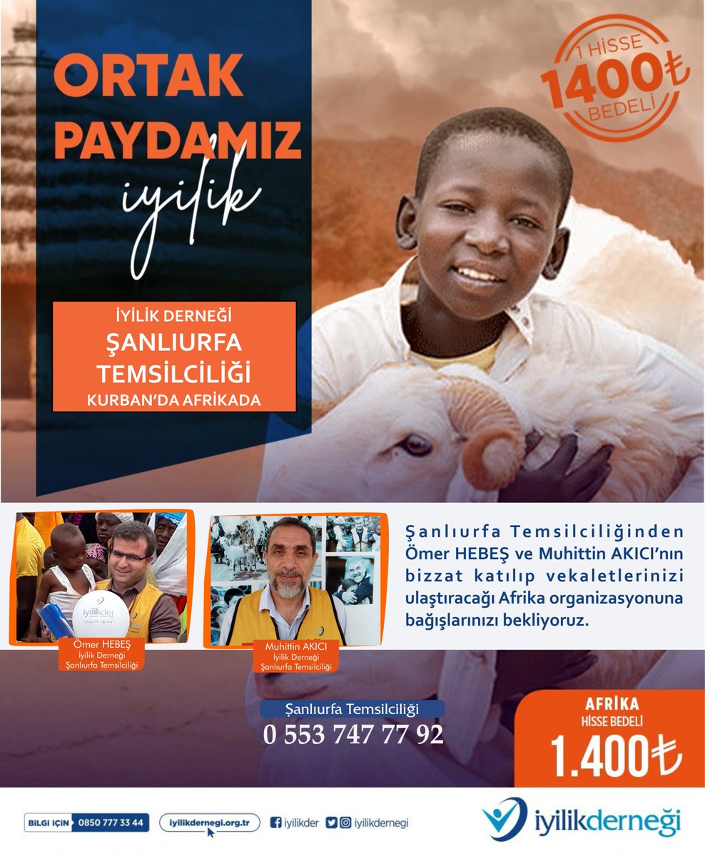Şanlıurfa Temsilcisi Ömer HEBEŞ ve gönüllümüz Muhittin AKICI’nın bizzat katılıp vekaletlerinizi ulaştıracağı Afrika Kurban Organizasyonuna bağışlarınızı bekliyoruz.
<a href="/iyilikdernegi/">İyilik Derneği</a> <a href="/der_sanl/">Şanlıurfa İnsan-Der</a> <a href="/OmerHebes/">Ömer Hebeş</a>