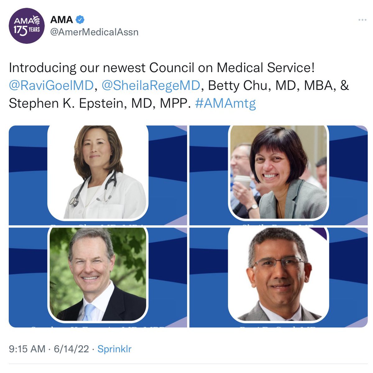 RaviGoelMD's tweet photo. Honored with the opportunity and awesome responsibility to move medicine forward with the AMA Council on Medical Service. With thanks to friends & colleagues for their confidence, counsel and support. #AMAmtg #AMA175 #MoveMedicineForward #ProtectingSight @AmerMedicalAssn https://t.co/CaMqrkSzy3