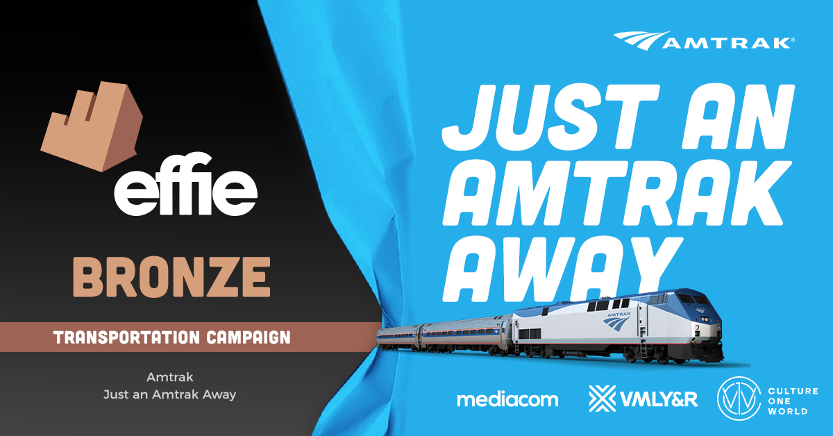 C1Wagency's tweet photo. What a night! Bringing home an @Effie_US! 🤩
Our #multicultural work for “Just an Amtrak Away” helped make this campaign award-worthy and we’re proud to continue our mission-based work focused on #diverse communities. Huge congrats to @Amtrak, @MediaComGlobal and @VMLYR 💜 https://t.co/kLFydfhK6i