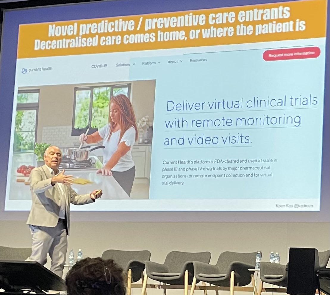 pmw0's tweet photo. Koen Kas (Healthcare futurist, researcher, CEO @Healthskouts): Decentralized care comes home or where the patient is #himss #HIMSS22Europe https://t.co/WAF2kQf2p5