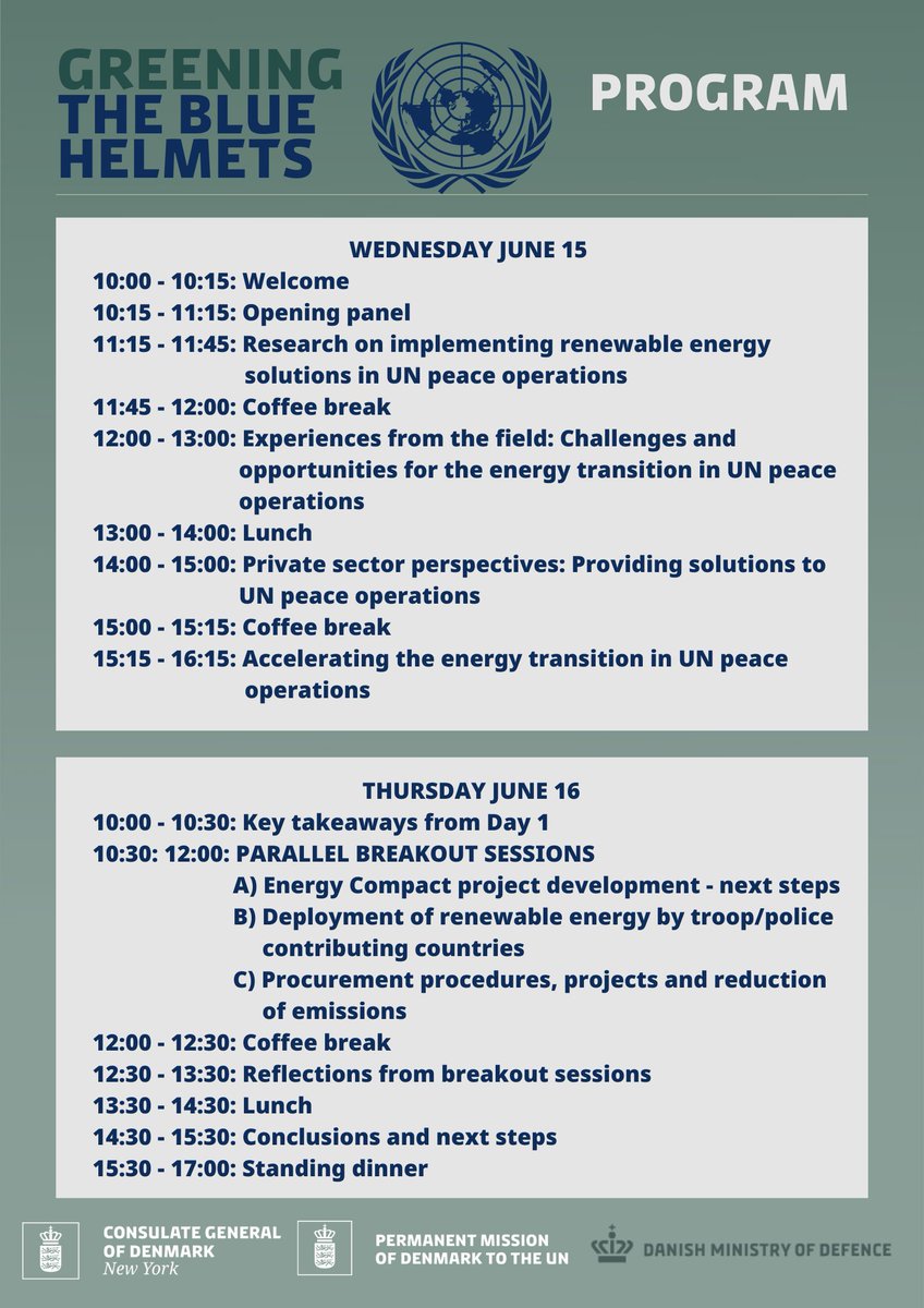 Denmark_UN's tweet photo. 📣Happening now📣

Want to know more about how to transition 🇺🇳peacekeeping operations?

If you cannot join us in person, you can watch the "Greening the Blue Helmets" live here ➡️
https://t.co/qITSdDp1W1 https://t.co/LrQ00JRdxK