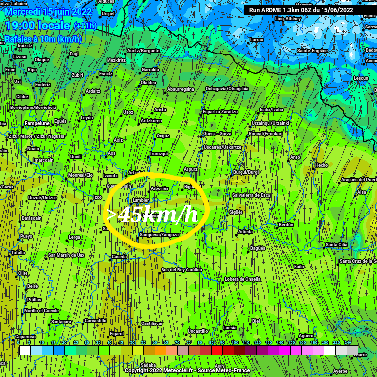 Esta es la previsión pqra la zona del #IFLeyre 🔥 para las 19h por el modelo de alta resolución AROME. 

💨⬇️ Cierzo entrando con temperaturas entorno 35° 🌡y rachas de 40/45kmh