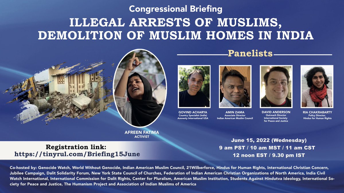 This important #CongressionalBriefing is happening in 2 hours! Join to hear #AfreenFatima whose house was illegally demolished by the BJP government in Uttar Pradesh. Register: tinyurl.com/Briefing15June #StandWithAfreenFatima