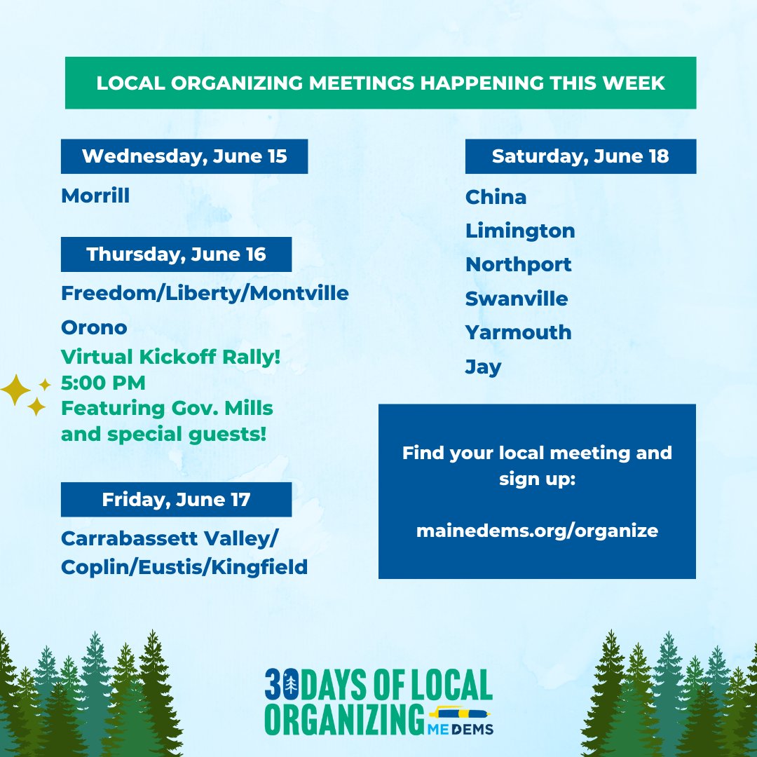 MaineDems's tweet photo. The primary is behind us and we are not wasting a moment– 30 Days of Local Organizing starts TODAY! See what events are happening in your community this week, and join us tomorrow night for our Virtual Kickoff w/ @JanetMillsforME #30DaysofOrganizing #mepolitics https://t.co/exxVIK64AO