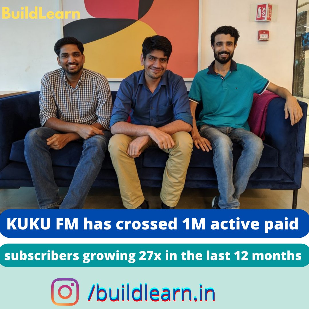 yourbuildlearn's tweet photo. KUKU FM has crossed 1 Million active paid subscribers growing 27x in the last 12 months.
#kukufm #kukufmstories #kukufmmarathi #buildlearn https://t.co/pa5xylzIOr