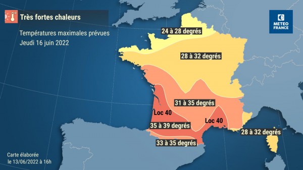 VigiMeteoFrance's tweet image. Aujourd'hui, 1er jour d'une #VagueDeChaleur très intense et précoce, d'une durée d'au moins 5j. Pic de vendredi à samedi suivant les régions (35 à 40°C sur les 3/4🇫🇷) avant un tassement dimanche. Extension de la  #vigilanceorange #canicule à suivre demain.
