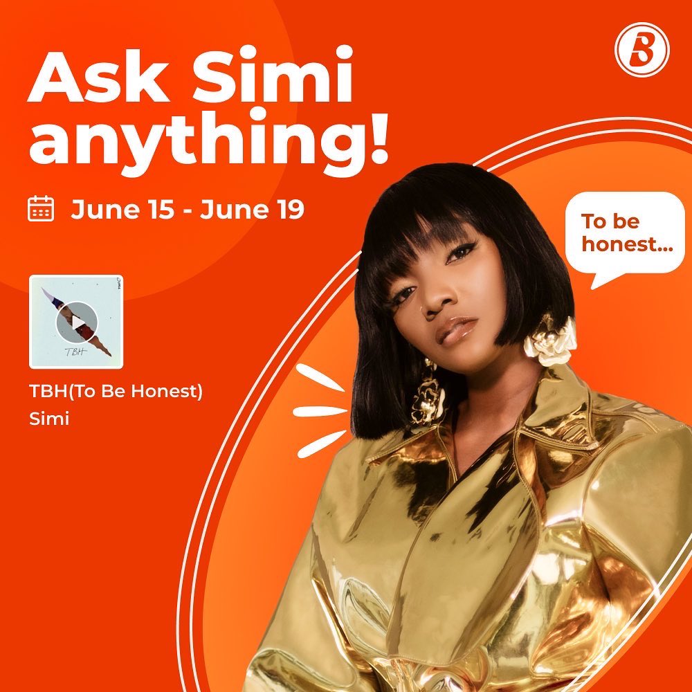 BoomplayNigeria's tweet photo. Heyyy #SimiArmy;π
our fave, @SympLySimi shared an amazing compilation of thrilling stories on her new album!
Now you have the opportunity to ask her anything about the TBH (To Be Honest) album.π¬ ππΎ
#AskSimi #BoomplayXSimi https://t.co/TPbHH2fxAe