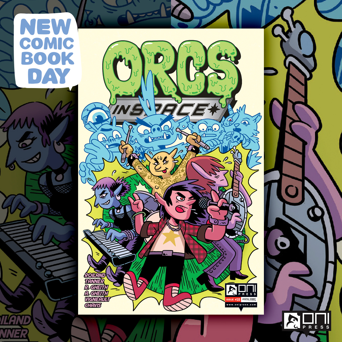 OniPress's tweet image. It's #NCBD!  (2/2)

⚡ #OrcsInSpace #10 introduces... more orcs. More mayhem. More magical, interstellar fun. And introducing: Mergon Thunderhoof &amp;amp; his mighty Gyraffidor!

#RashadGheith, @AbedG, #FrançoisVigneault, @DJColorsComics, @WayTooManyDaves

#OniPress #NewRelease
