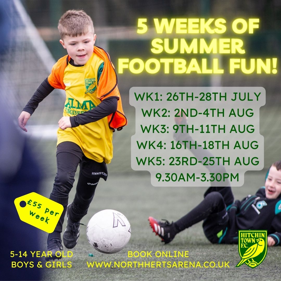 The_Arena_HTCFC's tweet photo. Five Weeks of #Summer #Football #Fun!
5-14 year old boys & girls
Book online - link in bio
Special Offer: Book all 5 weeks & save!!
#Fun #football courses in #Baldock, #Hertfordshire.
#summerholidays #hertshour #hitchin @HitchinTownFC #footballcourse #footballcamp https://t.co/yAzxrWh1xE